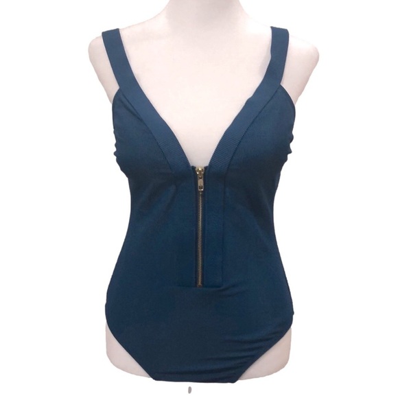KONA Sol dark teal one piece swimsuit zipper front plunge neckline. Size S - Picture 1 of 9
